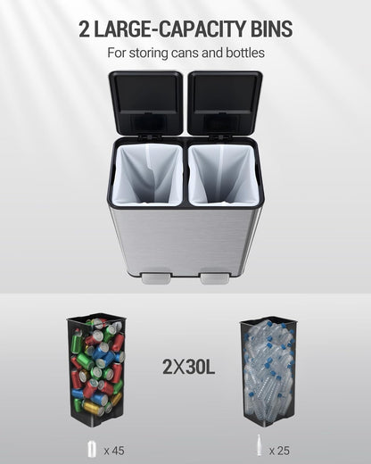 Hzuaneri Kitchen Trash Bin, Waste Separation System, 2 Compartments, 60 L (2 x 30 L), Stainless Steel Kitchen Trash Bin, Pedal Bin, Silent Slow Waste Bag, with 15 Exclusive Waste Bags, Silver