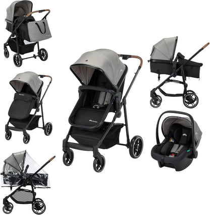 Bebeconfort Haze Trio Lux, 3 in 1 Kinderwagen Set Met Autostoeltje (i-Size), 0-4 jaar (max. 22 kg), 2-in-1-Zitting, Vlakke Ligstand, Compact Inklapbaar, Lichtgewicht Combi Wandelwagen, Tinted Grey