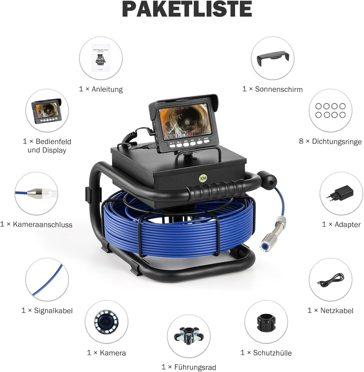 ZELCAN Inspectiecamera met 30 meter kabel en 4,3 inch lcd-scherm, videoinspectie voor buizen, waterdicht IP68, sonde met camera voor inspectieluizen voor afvoerbuizen