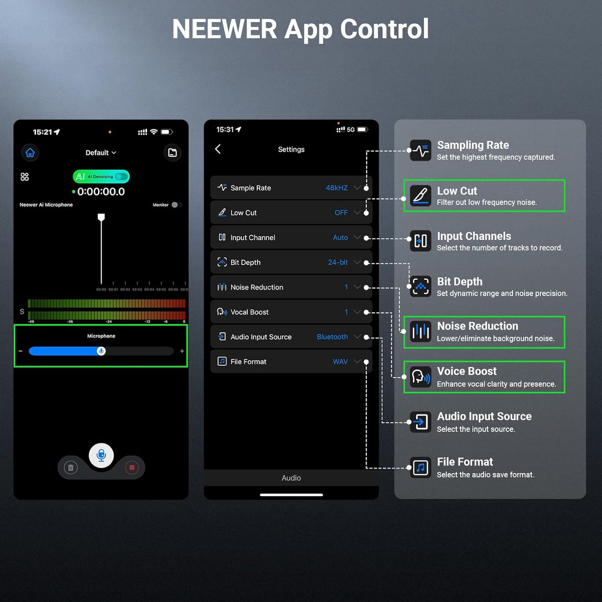 NEEWER CM26 Pro AI Draadloze Microfoon Compatibel met iPhone Android Telefoon Camera PC, Lavalier Revers Mic DSP/MCU Ruisonderdrukking Mute Gain Low Cut 48KHz/24Bit 88dB SNR 50H Batterij 100 m Bereik