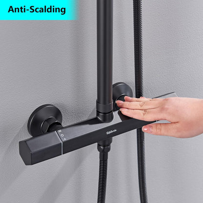 Douchesysteem met thermostaat, regendouche, doucheset, roestvrij stalen douchezuil met douchekop en handdouche, verstelbare douchestang, 960-1245 mm, complete douche-set voor badkamer, zwart