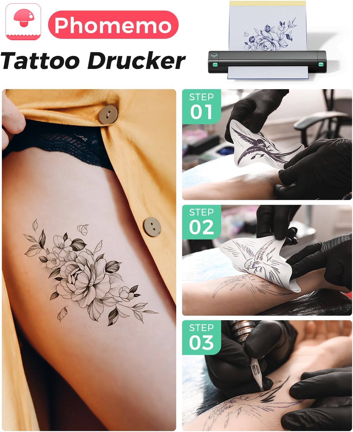 Phomemo M08F Tattoo Thermal Template Machine, Thermal Template, Maker for Beginners, Tattoo Artists, with 10 Pieces Tattoo Paper, Compatible with Smartphones and PC - QUORE