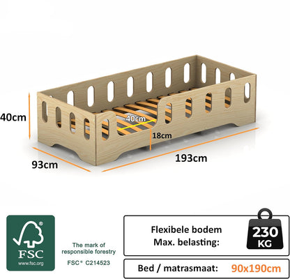 smartwood Children's bed 90 x 190 - Montessori bed made of FSC certified wood, with fall protection and slatted frame, load capacity up to 230 kg - Easy assembly - TILA 2L - QUORE