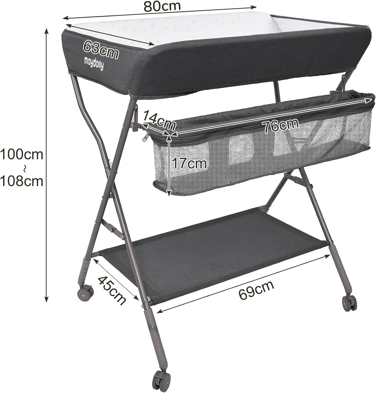 Maydolly Opvouwbare babycommode, mobiele commode met wielen en aankleedkussen, waterdichte en in hoogte verstelbare opbergvakken (donkergrijs