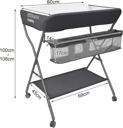Maydolly Opvouwbare babycommode, mobiele commode met wielen en aankleedkussen, waterdichte en in hoogte verstelbare opbergvakken (donkergrijs