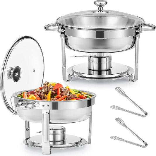 Wilprep Chafing dish rond met glazen deksel, Buffet set van 2, RVS voedselwarmer kit 5,5 liter, Bain Marie met brandpasta houder, voor partijen buffetten banketten diners