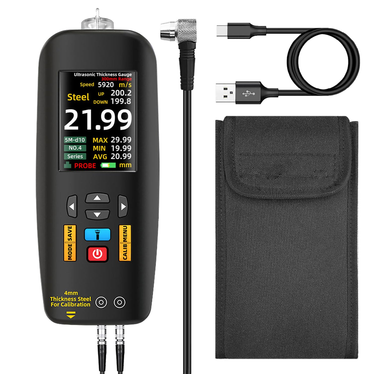 BSIDE Ultrasone diktemeter, 1-300 mm, oplaadbaar, 7,1 cm, lcd-kleur-metaaldikte, met sonde voor metalen materialen