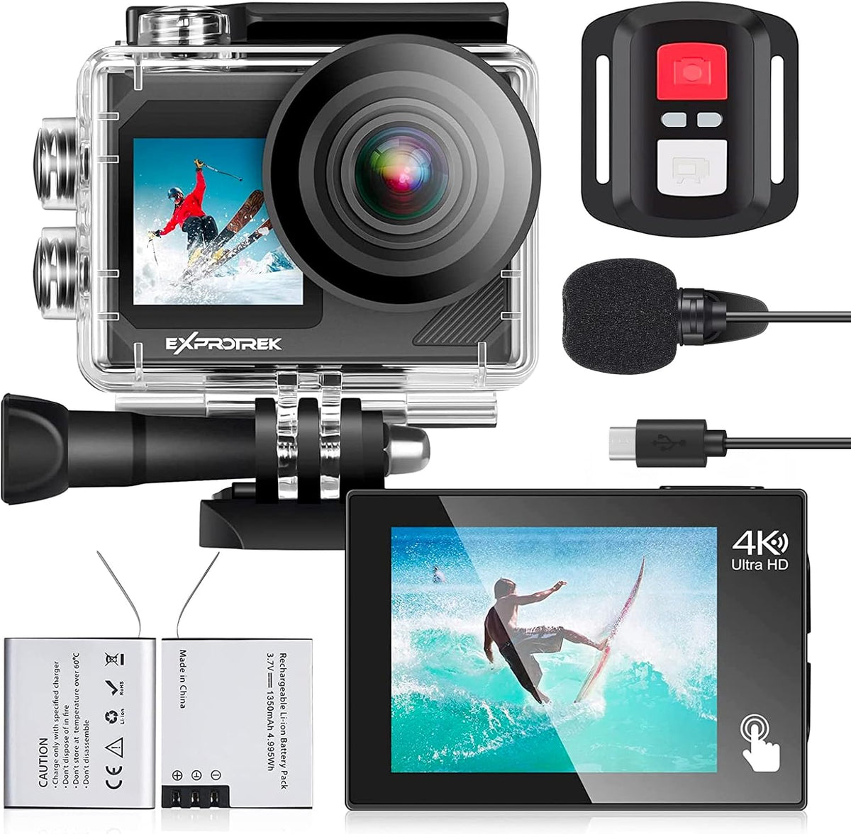 E-A-F Action Cam, 4K 30fps Ultra HD, 40m 100ft waterdichte onderwatercamera, wifi, 170° ultragroothoek, afstandsbediening, 2 accu's en helmaccessoire-kit