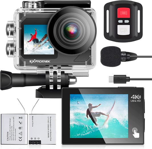 E-A-F Action Cam, 4K 30fps Ultra HD, 40m 100ft waterdichte onderwatercamera, wifi, 170° ultragroothoek, afstandsbediening, 2 accu's en helmaccessoire-kit