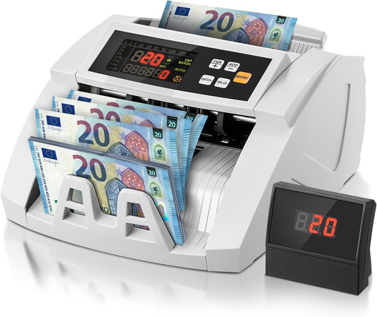 FOHERE Geldtelmachine, professionele geldteller met UV/MG/IR/DD vervalsingsherkenning, 1100 bankbiljetten/minuut, lcd-display, waarde- en batchmodus voor winkels, banken en restaurants