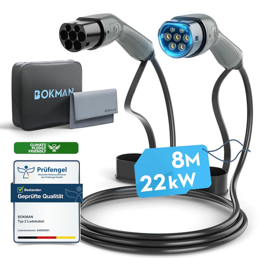 Bokman Type 2 Laadkabel, 22 kW / 32A / 3 Fase / 8M / Modus 3, Type 2 naar Type 2 EV Oplaadkabel Elektrische Auto Laadkabel voor EV & PHEV
