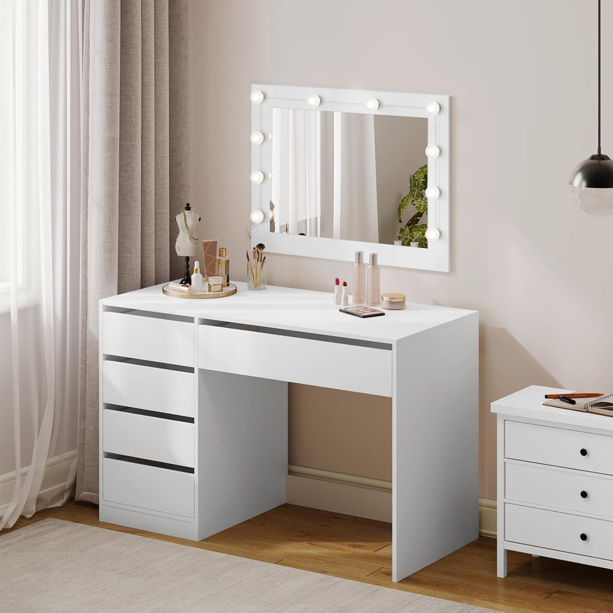 eSituro Makeup Table White with 5 Drawers Without Mirror, Desk, Computer Table with Storage Space, Vanity Dressing Table, Desk Table for Teenage Room and Bedroom, 120 x 55 cm - QUORE