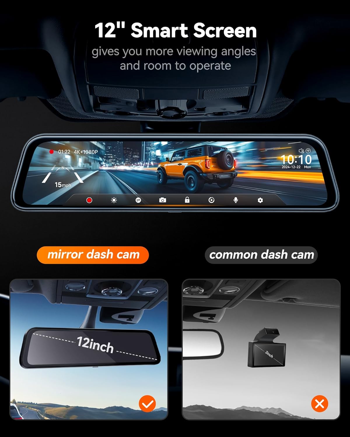 Spiegel Dashcam – Rearview Camera – Auto Camera – Dashcam Met Scherm – Achteruitkijkspiegel Camera – 12 Inch IPS Full Touch Screen – Dual 2160P Full HD Nachtzicht - QUORE