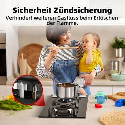 Gaskookplaat – Gasfornuis – Inbouwkookplaat – Glaskeramische Kookplaat – 2-Pits Kookplaat – Compact 30 cm Breed – Zwart Gehard Glas