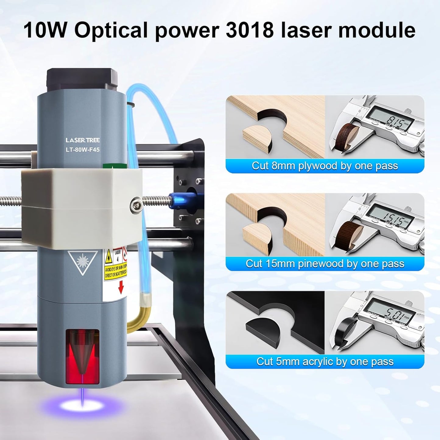 LASER TREE CNC 3018 Lasermodule Kit, 10W optisch vermogen laserkop met luchtondersteuning, vaste brandpuntsafstand 45mm lasergraveermodule, dubbele puntcompressie Compatibel met CNC 3018 machine, 12V