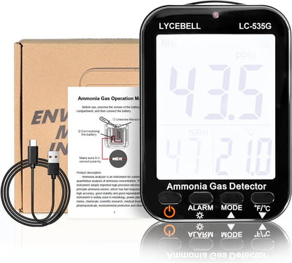 535G Ammoniak-gasdetector, NH3-monitor, 0-100 ppm, met dubbel alarm, oplaadbare draagbare gaslekdetector voor boerderijen, industrie, huis, temperatuur- en vochtigheidsweergave