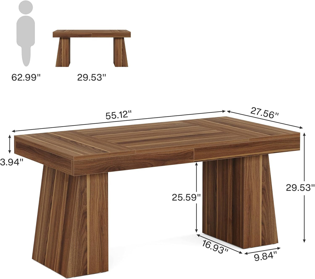Tribesigns 55 inch Executive Desk, Mid-Century Modern Home Office Desk with Double Trapezoid Base, Wooden Computer Desk Business Workstation Desk Small Conference Table, Brown