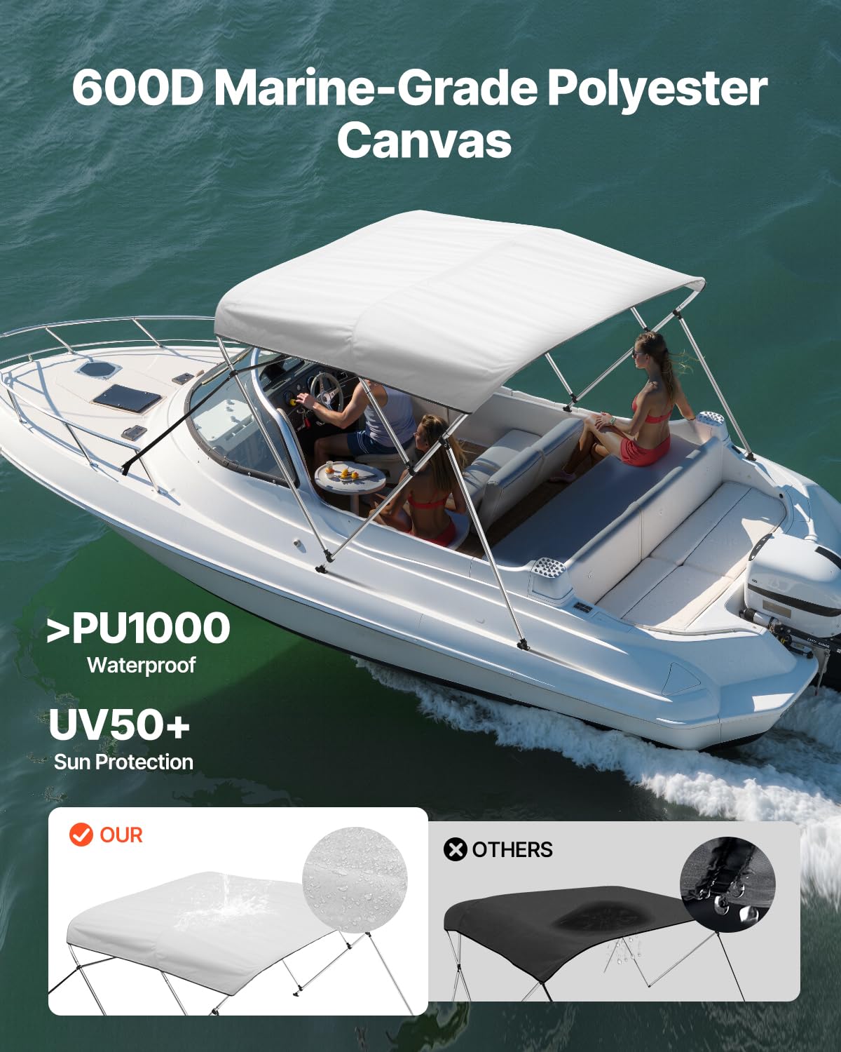 VEVOR Bimini-tops met 3 bogen, 600D polyester luifel met aluminium frame, waterdicht en zonnescherm bootluifel met opbergtas, 2 steunstangen, 4 riemen, 6'Lx (170-182 cm) Bx46 "H, lichtgrijs