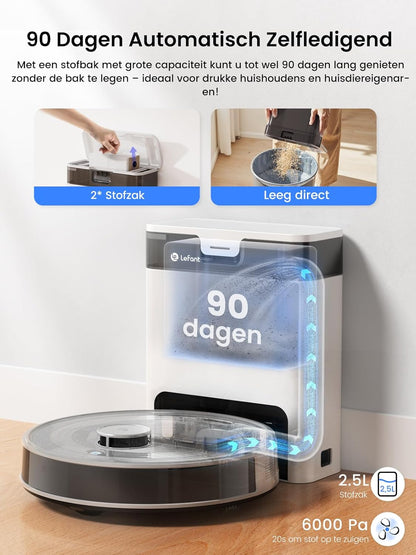 Robotstofzuiger – Robotstofzuiger met dweilfunctie – Automatische stofzuiger – Slimme vloerreiniger – Stofzuigrobot – 6000 Pa Zuigkracht – Automatisch Afvoerstation 90 Dagen