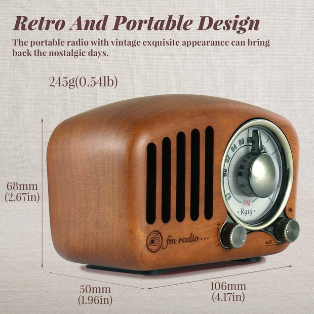 Draagbare Radio - Retro Radio - met FM - MP3-speler - via SD - Bluetooth - AUX - 270° Wijzerplaat - Battery-Aangedreven - 10.6 x 5 x 6.8 cm - Klassiek Kersenhout