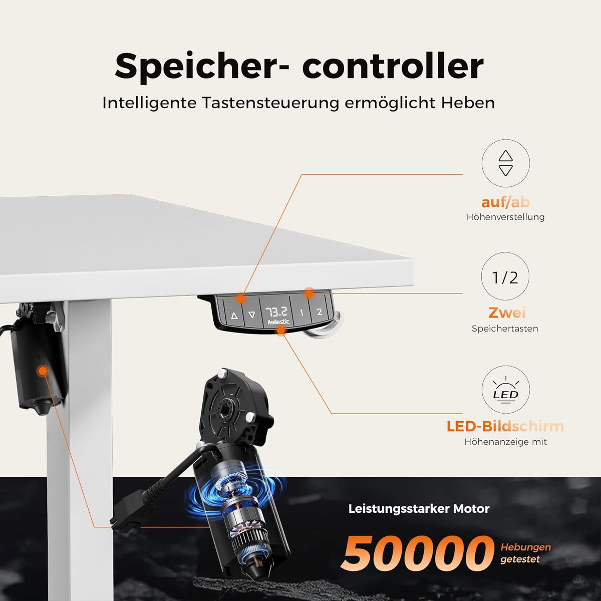 Agilestic Height Adjustable Desk 160 x 80 cm, Stable Desk with Electric Height Adjustment and Manual Control with Memory, Ergonomic Desk for Standing or Sitting, White - QUORE