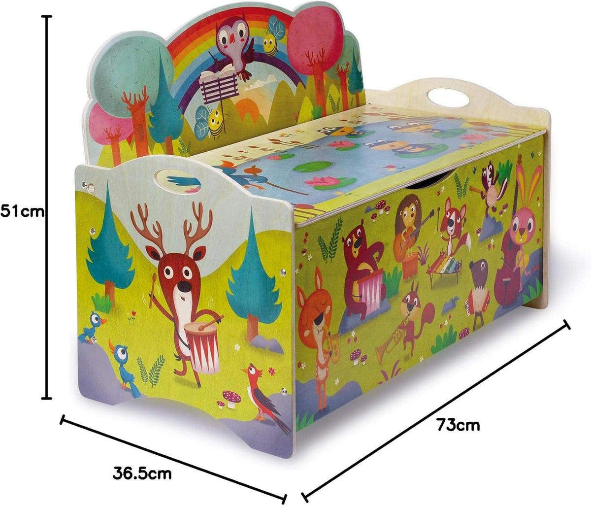 Dida - Concert in het Bos, Houten Speelgoedkist, Grote Houten Opbergkist en Speelbank voor Kinderkamers, Montessori Meubilair