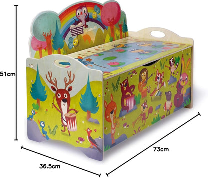 Dida - Concert in het Bos, Houten Speelgoedkist, Grote Houten Opbergkist en Speelbank voor Kinderkamers, Montessori Meubilair
