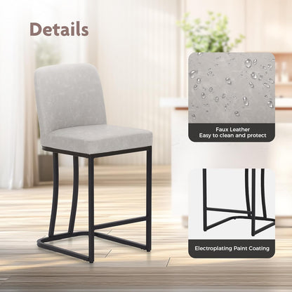 ALPHA HOME Set of 2 Bar Stools Breakfast Bar Stools PU Leather Kitchen Stools with Backrest Bar Stools with Footrest for Kitchen Sink Sturdy Metal Steel Frame, Light Grey