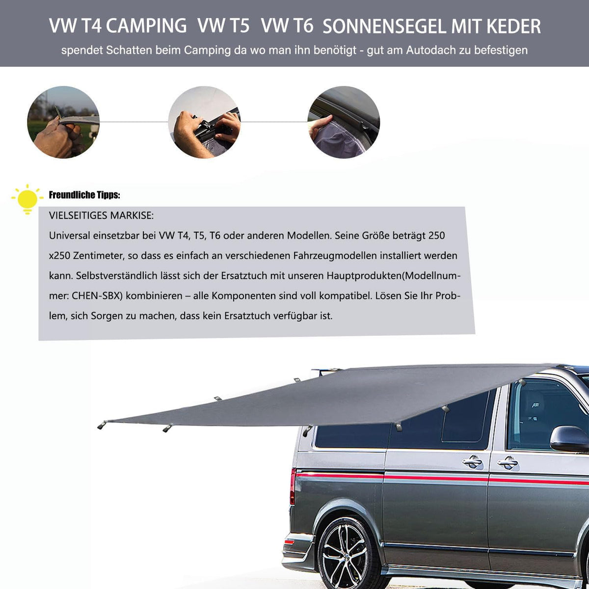 Luifel, zonnezeil met bies, zonnezeil caravan, kederrail (4-6 mm), V-w T4, T5, T6, reservedoek geeft 250 x 250 cm, voortent caravan, autovoortent, must-have voor campers
