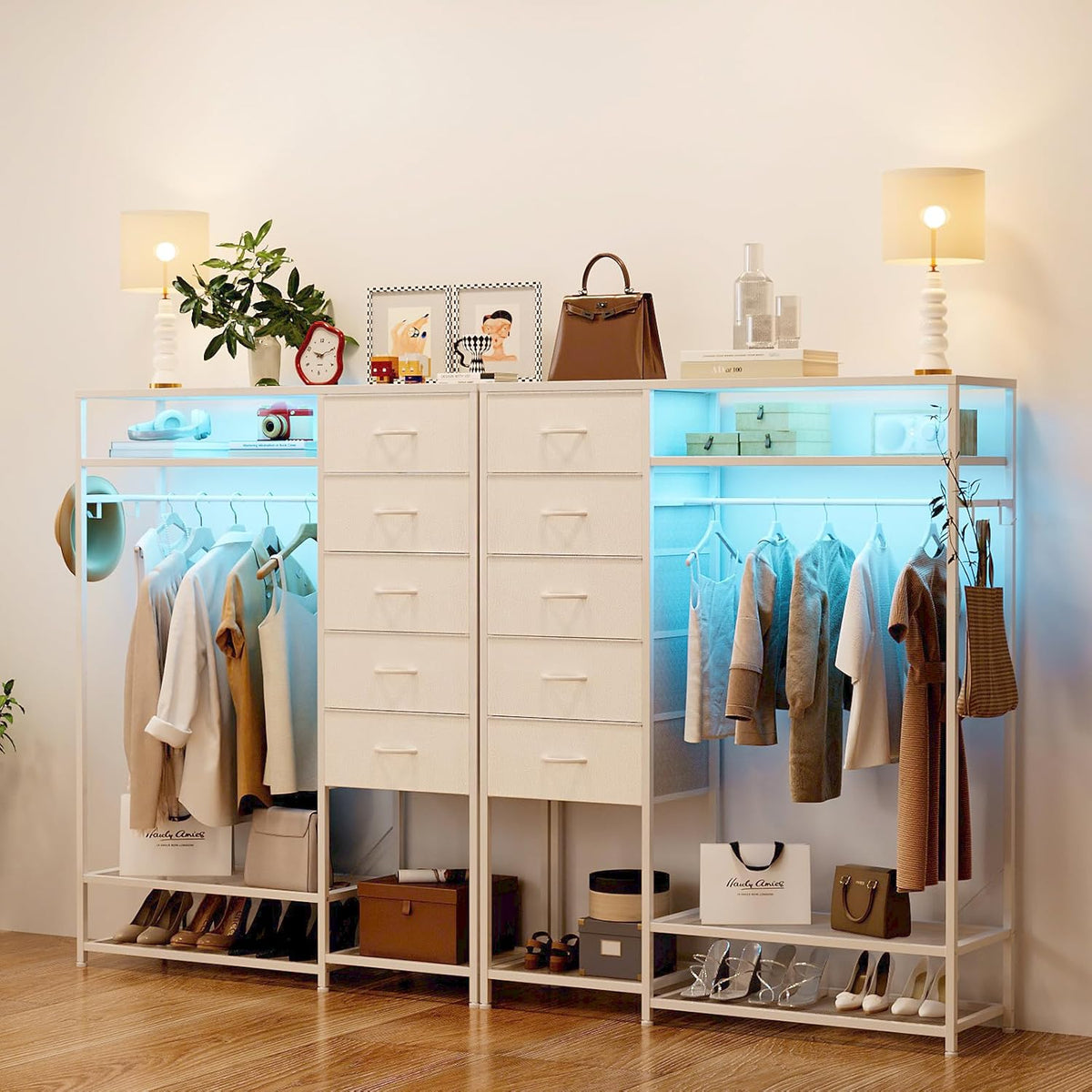 Trironsun Commode met 5 laden, kledingstang, LED-verlichting, laadstation, stoffen commode met houten plaat voor slaapkamer, woonkamer of kinderkamer (wit)