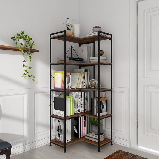 VEDECASA Boekenkast, 5 niveaus, groot, 5 verdiepingen, hoog hoekrek, staande moderne hoekboekenkast, boekenkast met metalen frame, open planken voor woonkamer, slaapkamer, kantoor, industriële stijl