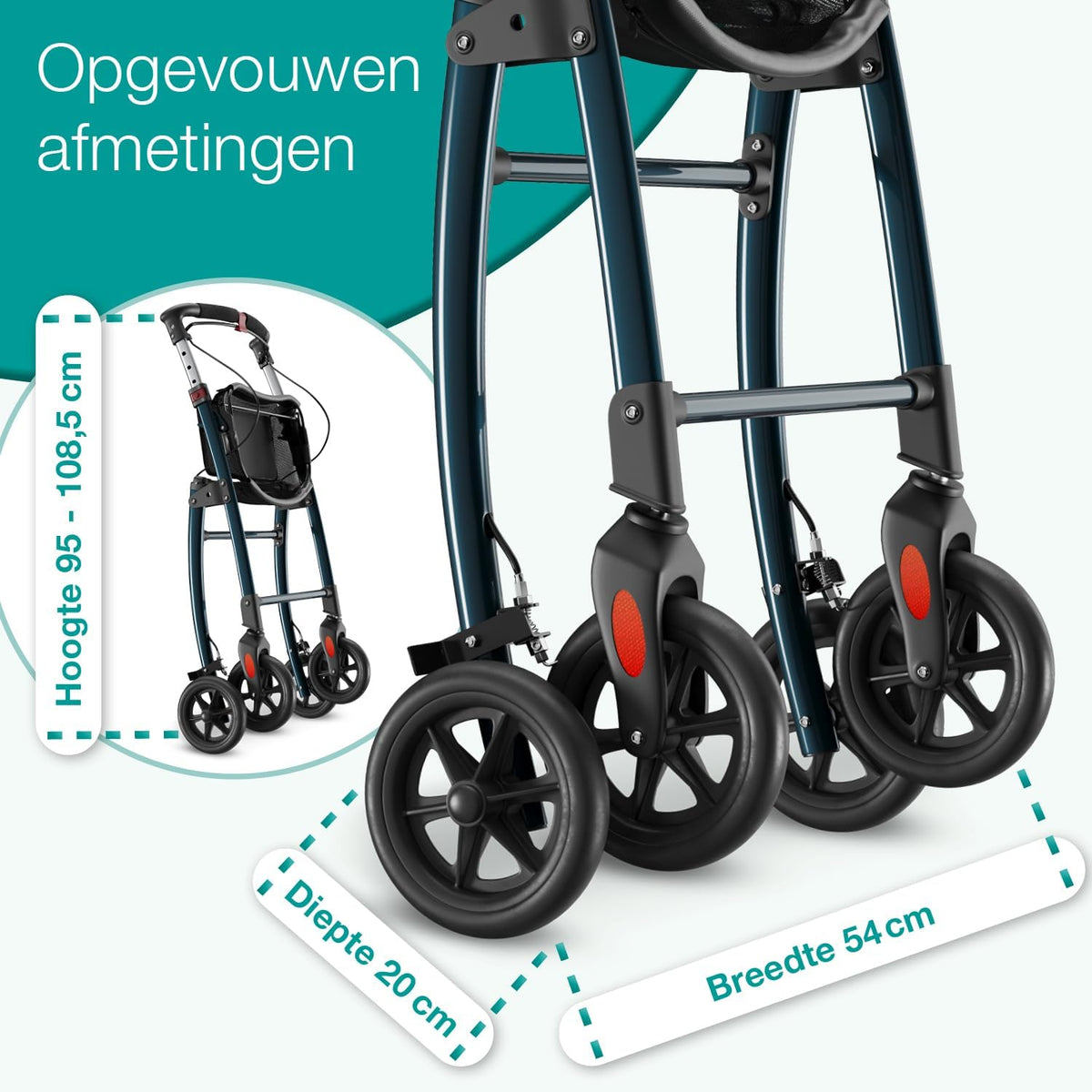 ELONEO Lichtgewicht Rollator voor Binnen - 54 cm Breed, Opvouwbaar Looprek met Dienblad en Stoffen Mandje, Smalle Rollator van Aluminium, Inklapbaar Mobiliteitshulpmiddel, Antraciet