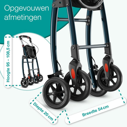 ELONEO Lichtgewicht Rollator voor Binnen - 54 cm Breed, Opvouwbaar Looprek met Dienblad en Stoffen Mandje, Smalle Rollator van Aluminium, Inklapbaar Mobiliteitshulpmiddel, Antraciet