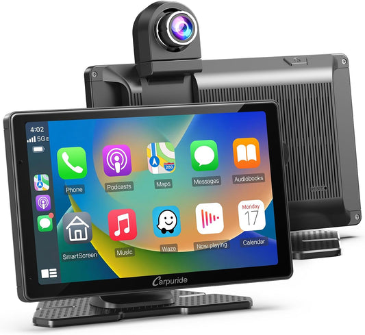 Carpuride W703 Portable Wireless Carplay & Android Auto with Dash Cam-7" HD IPS Screen, 4K Front & Backup Camera, Loop Recording,Bluetooth,Mirror Link,GPS,Siri,Dashboard Mounted (Carpuride w703)