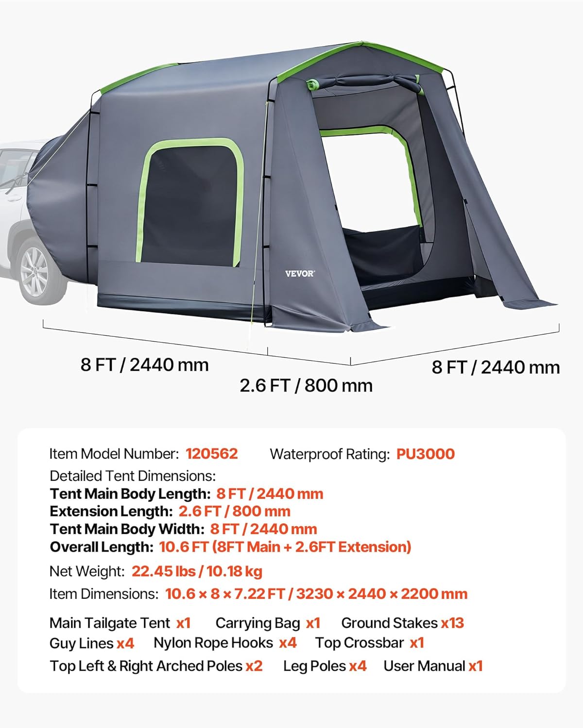 VEVOR Grote 3 Seizoen SUV Tent voor 5-8 Personen, Truck Bed Tent, Groen, Aluminium Polen, Waterdichte PU2000mm, Auto Camping, Wandelen