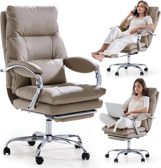 EMIAH Office Chair with Footrest, Comfortable Office Chair with Crossed Legs and Armrests, Ergonomic PU Leather Manager Chair with Wheels, Computer Gaming Chair with Thickened Cushion, Khaki