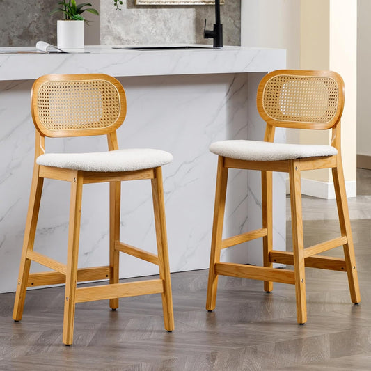 Chairus Set of 2 Bar Stools Faux Fur Breakfast Stools for Kitchen Bar with Rattan Backrest Solid Wood Island Bar Stools (Beige-2) - QUORE