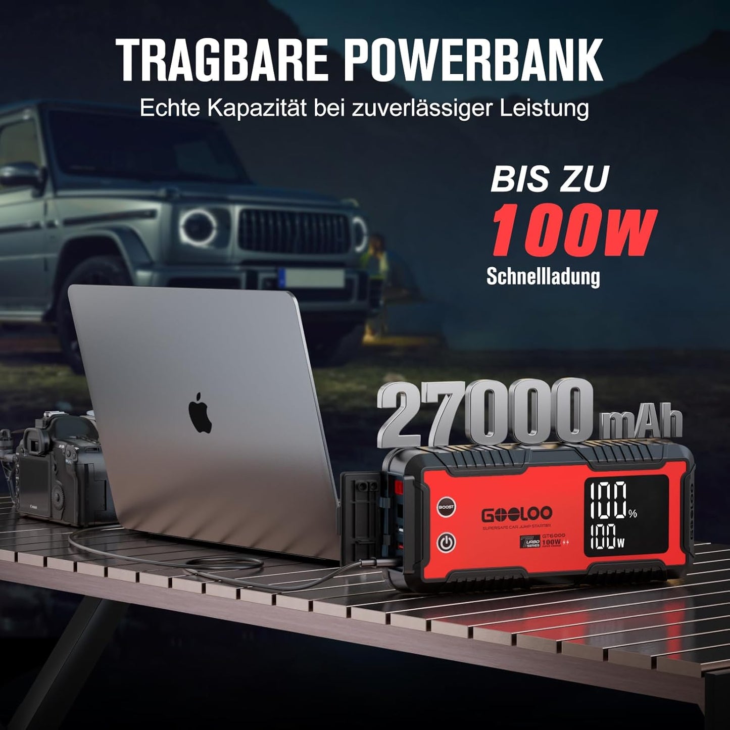 Auto Starthulp 12V – Jumpstarter – Startbooster – Powerbank – Accupack – 6000A Voor Benzine En Diesel Tot 10.0L – 26.800 mAh Met 100W USB-C Snelladen