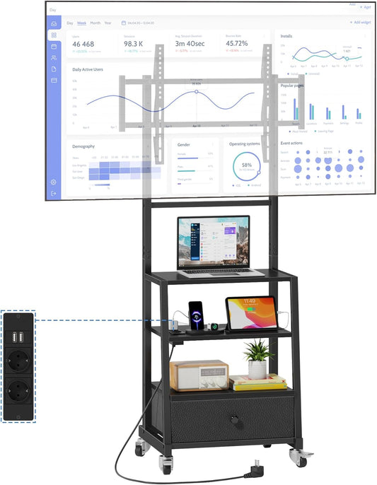 Verrijdbare TV Standaard Met Beugel En Stopcontact – TV Meubel – TV Trolley – TV Statief – TV Kar – In Hoogte Verstelbaar – Geschikt Voor 32–75 Inch TV's