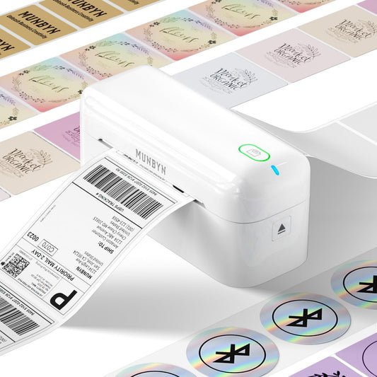 MUNBYN Bluetooth verzendlabelprinter, 4x6 thermische labelprinter voor kleine bedrijven, compatibel met iPhone, Android, Windows, macOS, Etsy, Shopify, eBay, Royal Mail, DHL, DPD, Evri, 402B, Wit