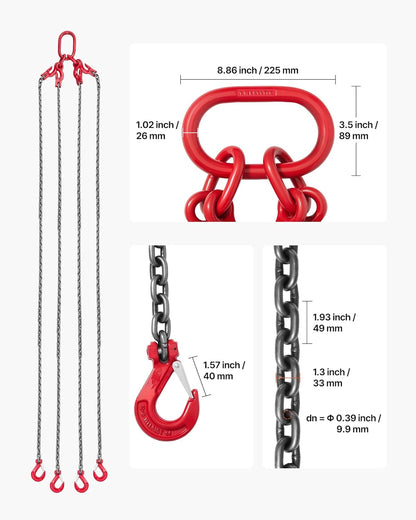 VEVOR Chain Sling, 10 mm x 3 m Lifting Chains with 4 Leg Grippers, Heavy Duty G80 Alloy Steel Lifting, 10.4 Ton Capacity, Adjustable Motor Chain, Hoist Lifts for
