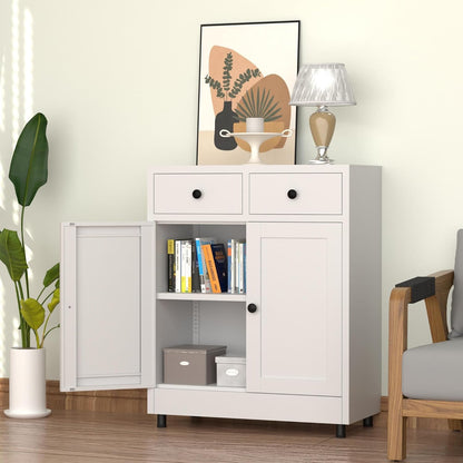 Metalen opbergkast met 2 laden en verstelbare plank, dressoir buffetkast voor thuis, kantoor, hal, entree, woonkamer, keuken bijkeuken en eetkamer (wit) - QUORE