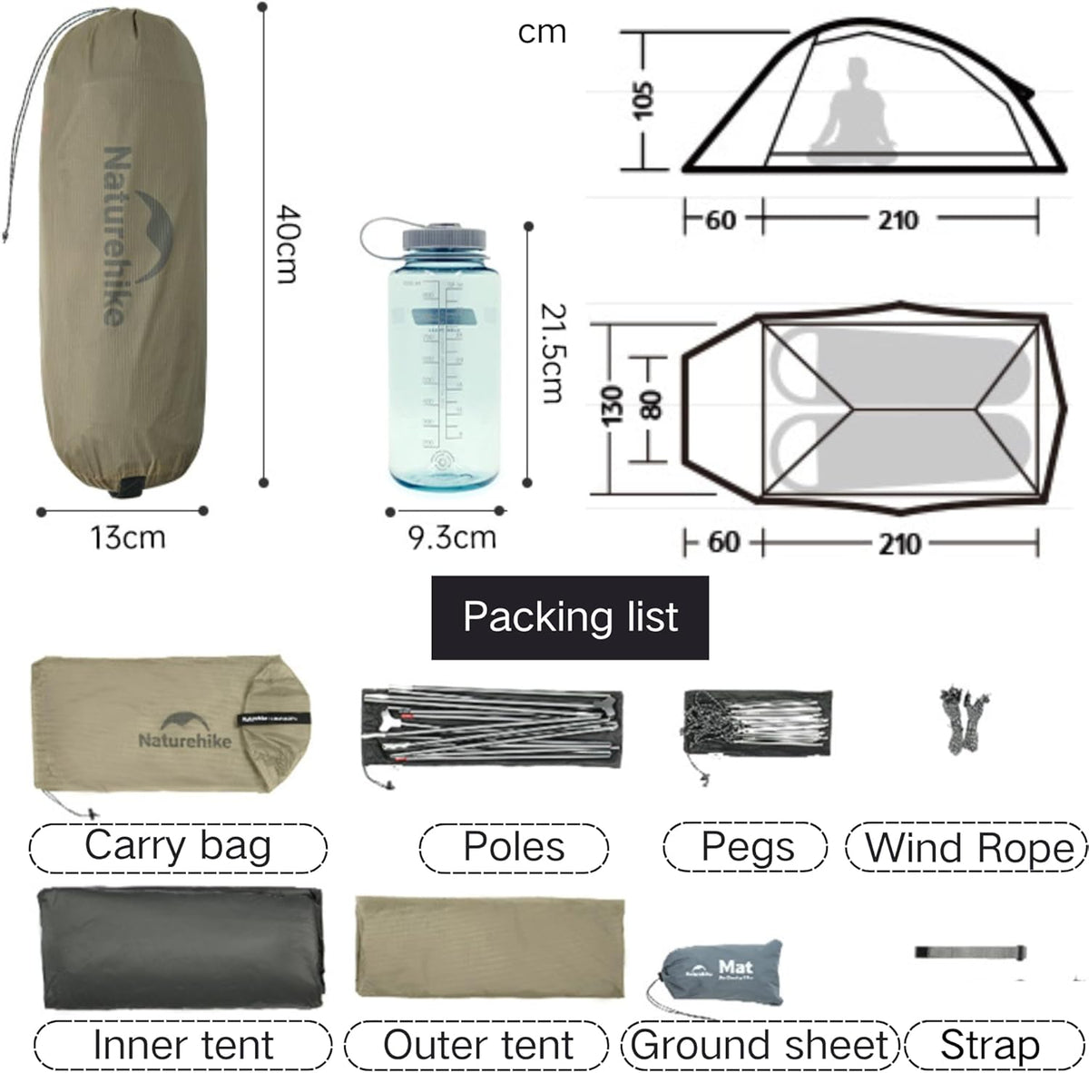 Naturehike Cloud Up Pro Tent, 2024 upgrade, ultralichte tent, 1,75 kg (alle accessoires inbegrepen), dubbele tent voor 2 personen, voor fietsen, kamperen, rugzakreizen