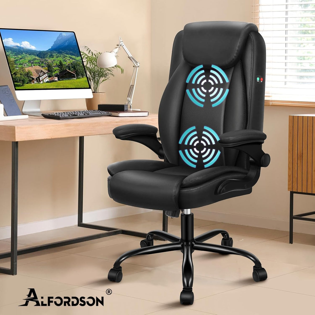 ALFORDSON Massage Bureaustoel, Ergonomische Computerstoel met Armleuning, Kunstleren Bureaustoel, Draagvermogen 150 kg, Rugleuning 90-135°, In Hoogte Verstelbaar, Zwart