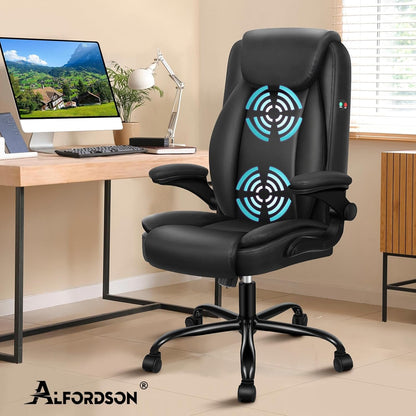 ALFORDSON Massage Bureaustoel, Ergonomische Computerstoel met Armleuning, Kunstleren Bureaustoel, Draagvermogen 150 kg, Rugleuning 90-135°, In Hoogte Verstelbaar, Zwart