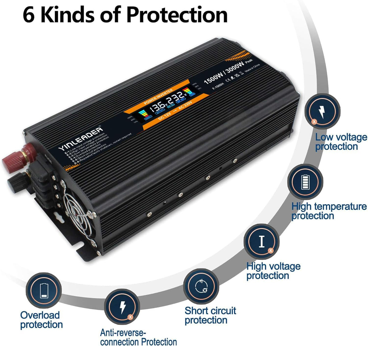 Yinleader converter 12v 220v 1500W /3000W Spanning Converter met USB LCD-scherm
