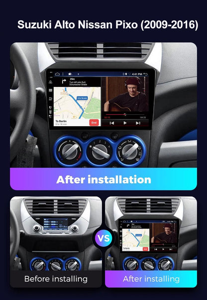 Android 15 IPS Autoradio Voor Suzuki Alto Nissan Pixo 2009-2016 - Ingebouwde Draadloze Carplay + Android Auto - GPS Navi - achteruitrijcamera - 9 Inch 2 Din - Stuurwiel DAB Fast-boot Bluetooth
