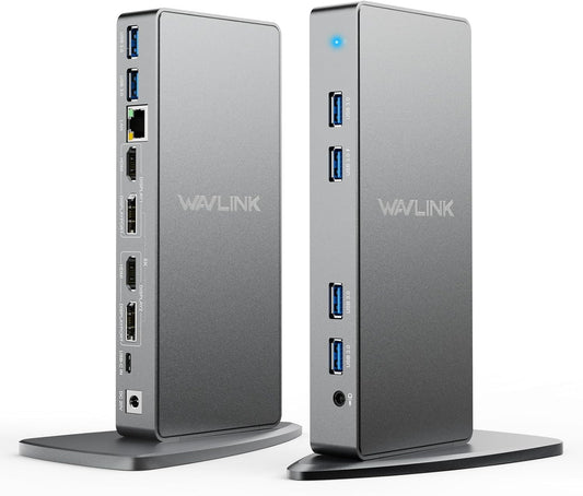 DisplayLink Docking Station Dual Monitor, WAVLINK 14-IN-1 USB-C/A Laptop Docking Station met 2 x 4K HDMI, 2x 4K DP, 1000 Mbps Ethernet, 6 x USB 3.0, audio en microfoon voor Mac/Windows