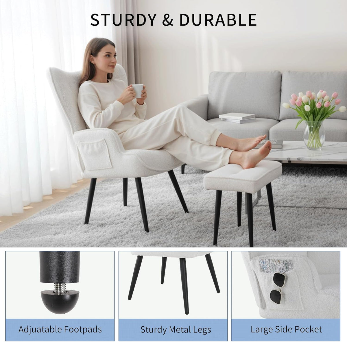 Fauteuil – Relaxstoel – Lounge Stoel – Leesstoel – Design Stoel – Met Voetenbank – Zachte Teddystof – Ergonomisch Met Metalen Frame