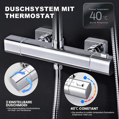 Douchesysteem met Thermostaat – Douchekraan – Regendouche – Handdouche – Douche Set – Roestvrij Staal – 30 cm Regendouche – 3 Spray Instellingen – Verstelbare Hoogte